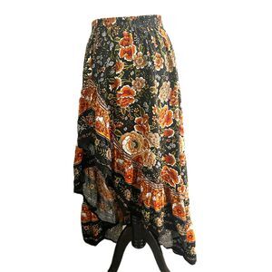 New Frille Rose Floral Side Ruffle Slit Maxi Skirt Boho Festival Earthtones XL